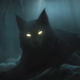 A large black cat with glowing yellow eyes lounges on a rock in the shadows.